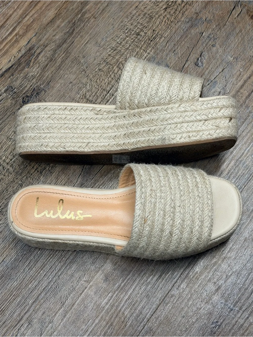 Lulu's Beige Espadrille Platform Slide Sandals women’s size 6